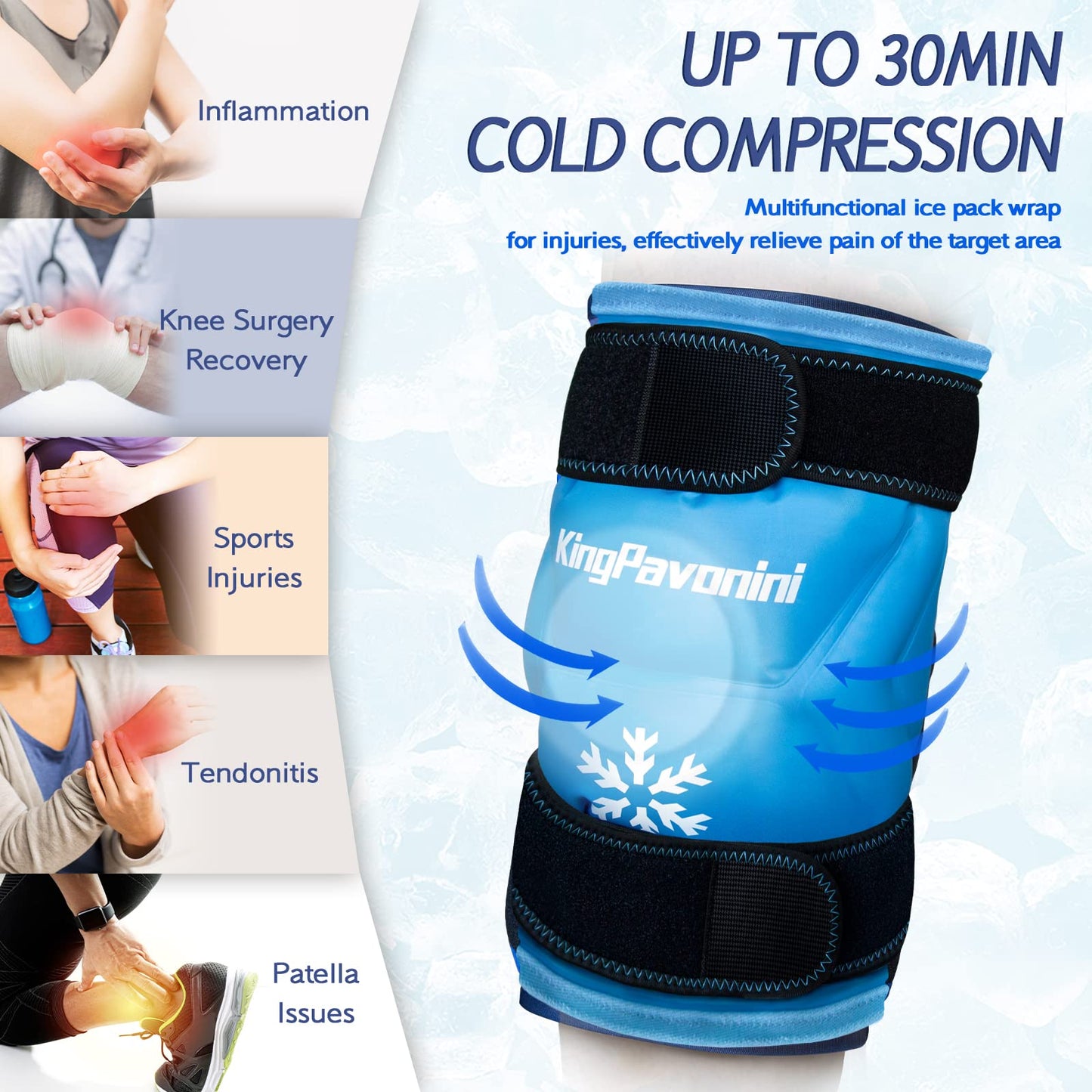 KingPavonini XXL Knee Ice Pack Wrap Around Entire Knee After Surgery, Large Reusable Gel Ice Pack for Injuries, Pain Relief, Swelling, Sports Injuries, 2 Pack (Sky-Blue)