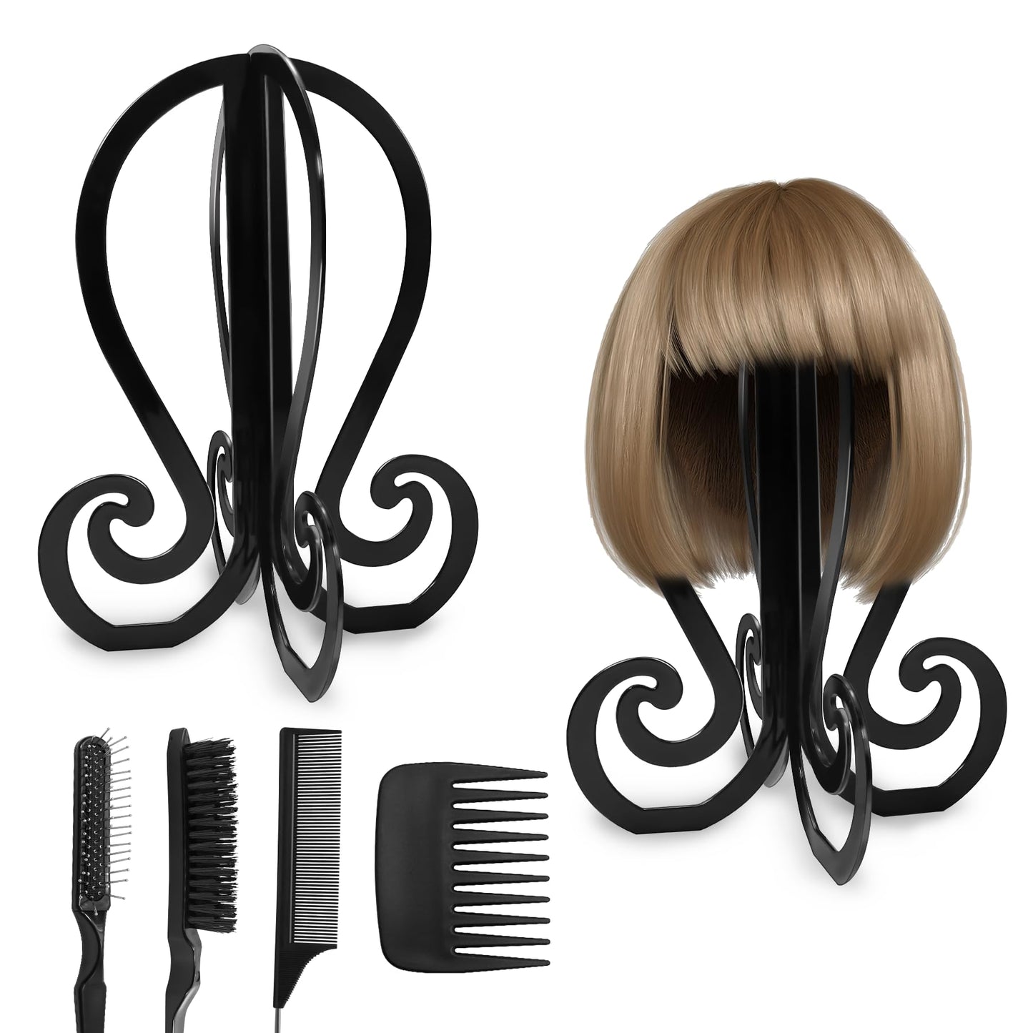 2 Pack Wig Head Stand Portable Collapsible Wig Holder With 4PCS Wig Brush Comb,Travel Wig Holder Comb Set for Women Multiple Wig