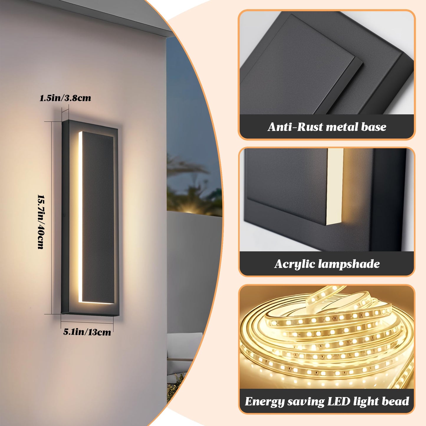 Zsmaiku 4 Packs Modern Exterior Lighting Fixtures  Black Led Outdoor Porch Wall Light  16 In Long Outside Lights For House  Front Door  Patio  Waterproof Outdoor Sconce Lights  3000K Warm White 12W