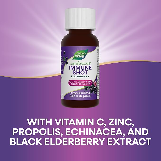 Nature's Way Sambucus Immune Syrup Single Shot, Daily Immune Support*, Elderberry, Vitamin C, Zinc, 0.67 Fl Oz x 12 (Packaging May Vary)