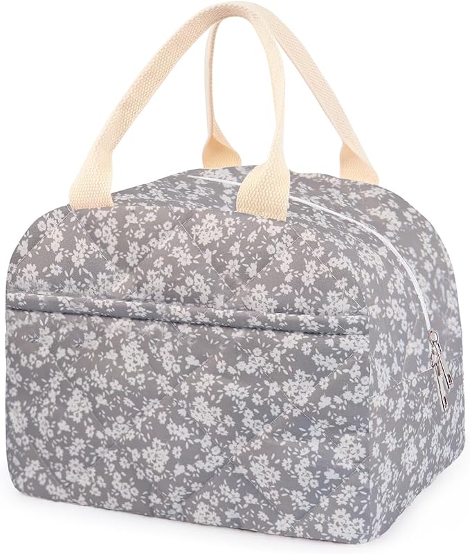 Cotton Quilted Insulated Lunch Bag, Cute Quilted Floral Lunch Tote Bags Reusable Insulated Lunch Box Coquette Aesthetic Large Capacity Insulated Cooler for Women Work Travel Picnic (Grey)