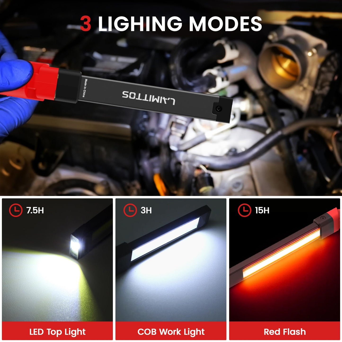 LAIMITTOS Rechargeable Work Light 2200mAh Magnetic LED Work Light Flashlight Mechanic Light Tool for Men Him, Foldable Lamp with Hook for Car Repair Emergency BBQ Grill (4 Pack)