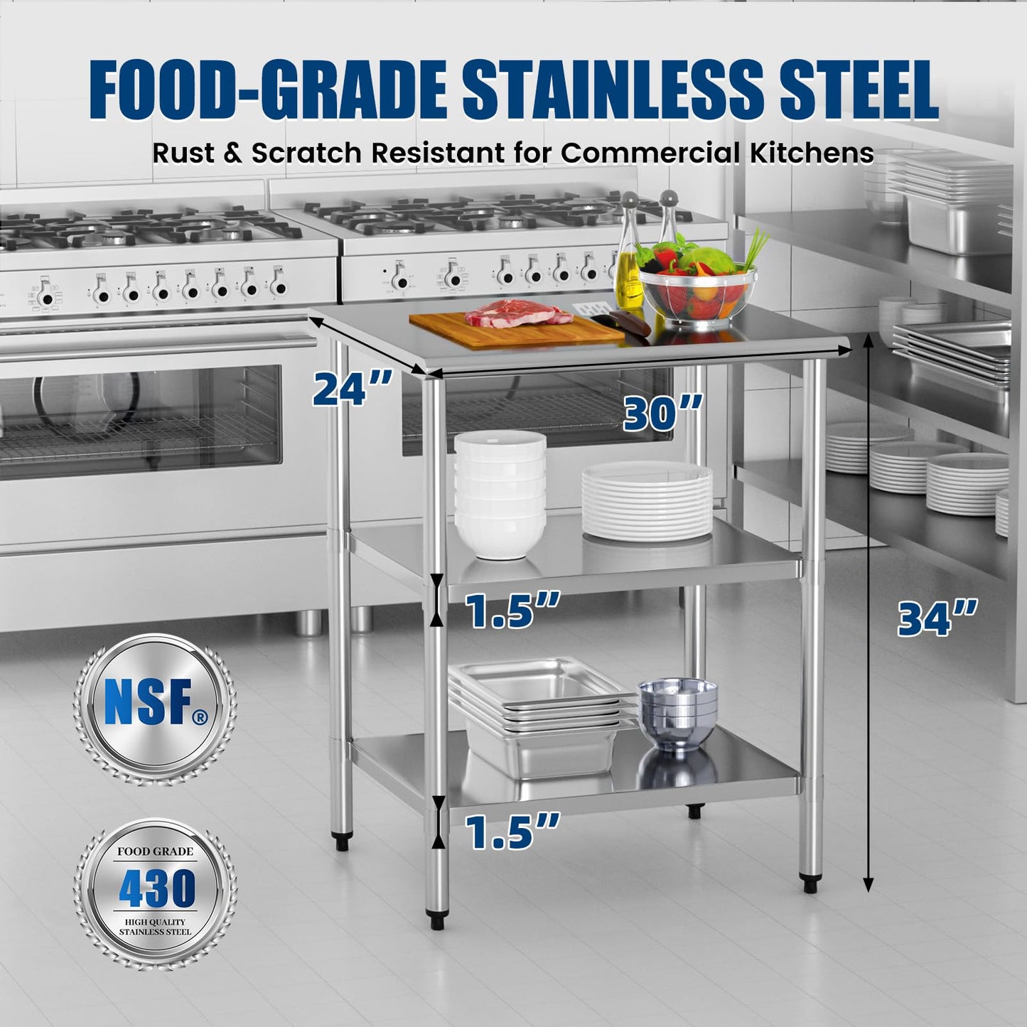 Stainless Steel Work Table 24 x 30 Inch with 2 Adjustable Undershelves, Heavy-Duty Metal Prep Table for Commercial Kitchen & Restaurant, Garage, Outdoor