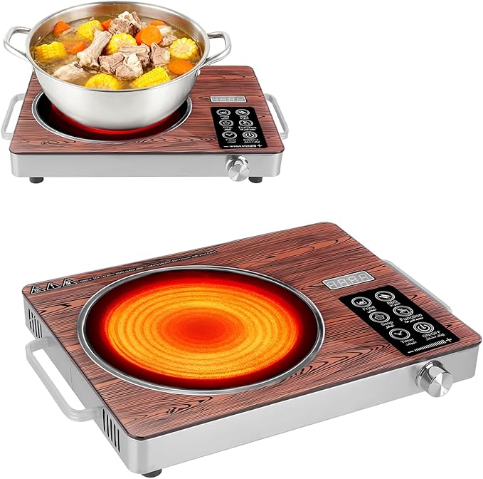 Infrared Electric Cooktop, 3500W Ceramic Single Hot Plates for Countertop, 12 Power Levels 0-3H Timer, Portable Handle, LED Display, Portable Stove for Home RV Camping(Wood)
