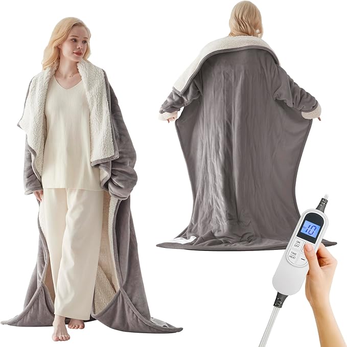Richtry Electric Blanket Wearable with Foot Pockets & Sleeves, Electric Heated Snuggle Blanket, Flannel & Sherpa Heating T...