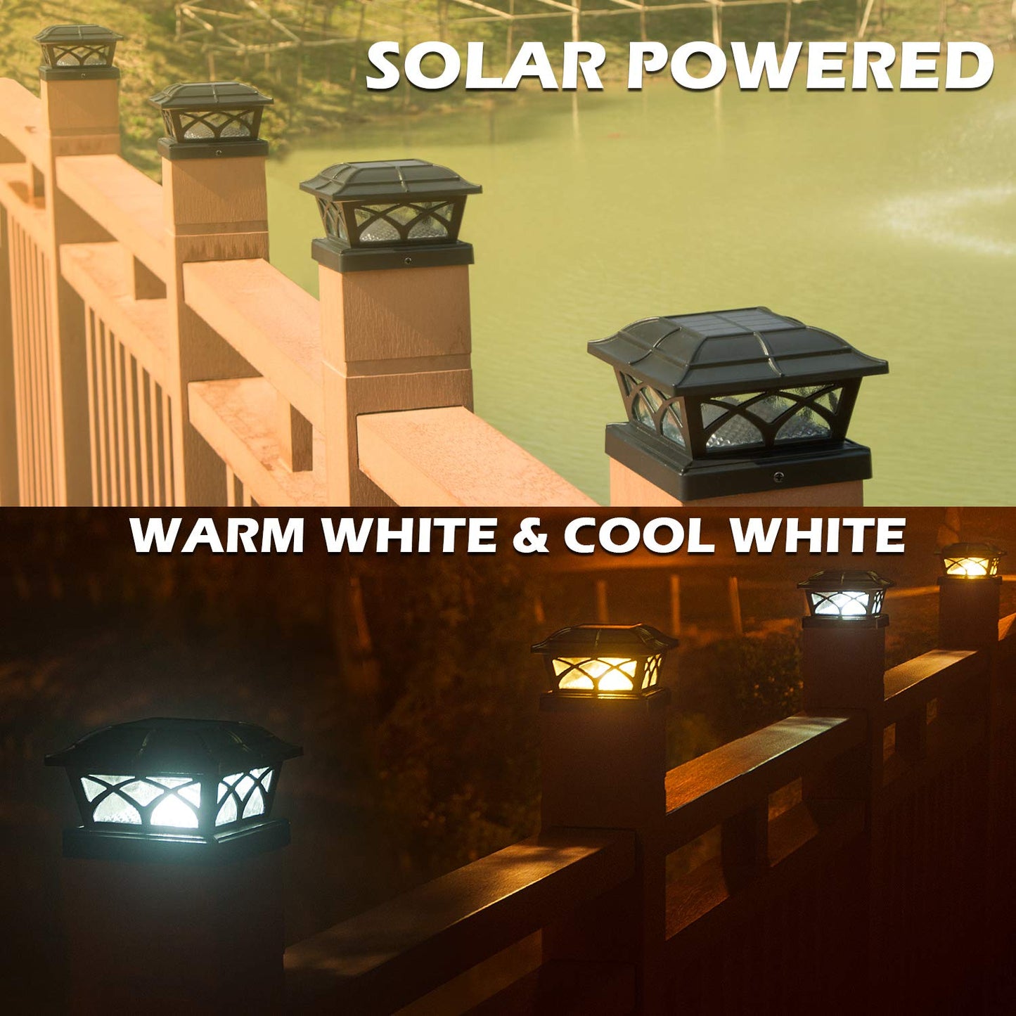 SIEDiNLAR Solar Post Cap Lights, 8 LEDs, 2 Color Modes, Glass, 4 Pack, Brown, Model SD012Z-4PK