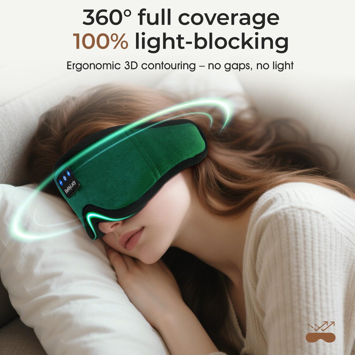 BeMyLady Sleep mask Headphones,100% Blackout 3D Zero Eye Pressure Bluetooth Sleep mask Breathable Eye mask with Bluetooth Headphones Sleep Headphones for Side Sleepers 14H Playtime&Bluetooth 5.4 Green
