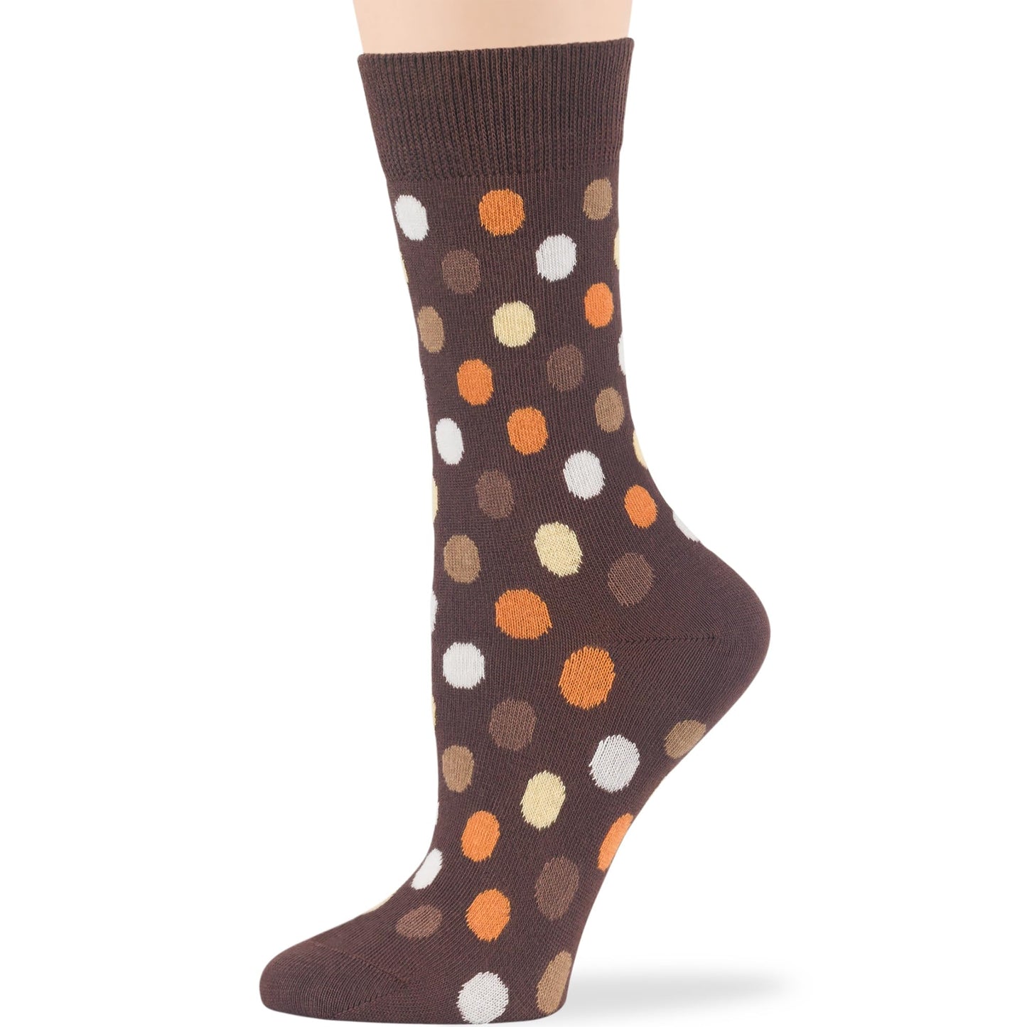 7BIGSTARS KINGDOM Women Cotton Crew Socks - 4 Pack Large - Patterned-Striped-Mid Dotted -Polka Dot - Casual-Dress-Sock Size:10-12, Shoe Size: 8-12, Brown