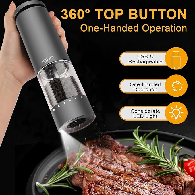 Electric Salt and Pepper Grinder Set Rechargeable, External Adjustable Coarseness, Automatic Salt & Pepper Shakers Mills, Kitchen Gadgets,Stocking Stuffers Christmas Cooking Gifts for Adults Men Women