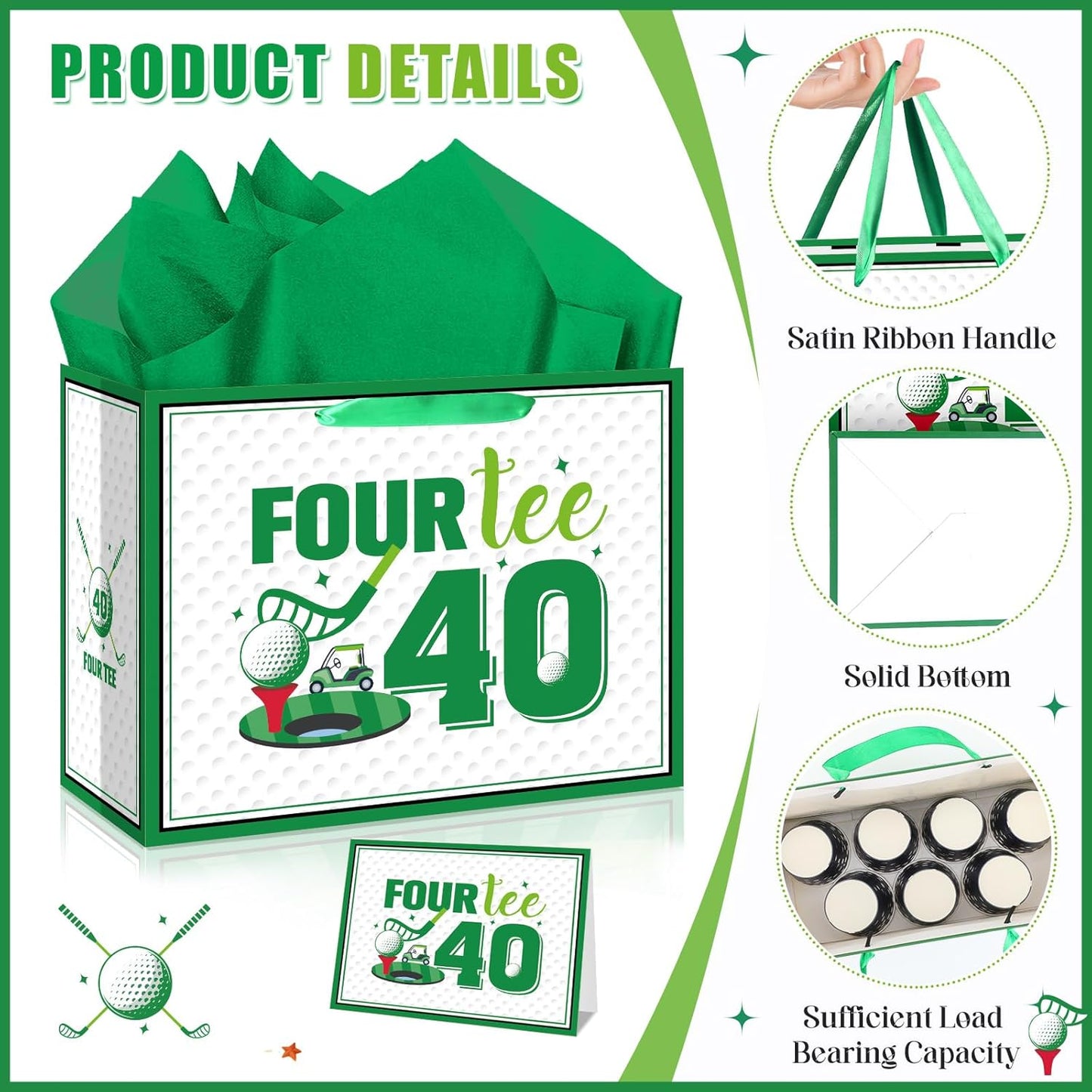Quirkistry Golf 40th Birthday Gift Bag for Men Golf Happy Forty Birthday Party Gifts bag with Tissue Paper Greeting Card Four-Tee Bday Gift Wrapping Bag for Sports Themed Party Decorations Supplies