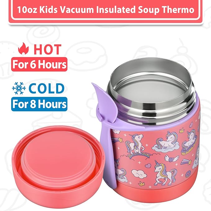 Kids' Lunch Insulated Food Jar with Spoon - 10oz Stainless Steel, Leak Proof, Wide Mouth, Hot Food Thermo for School (Pink, Unique Horse)