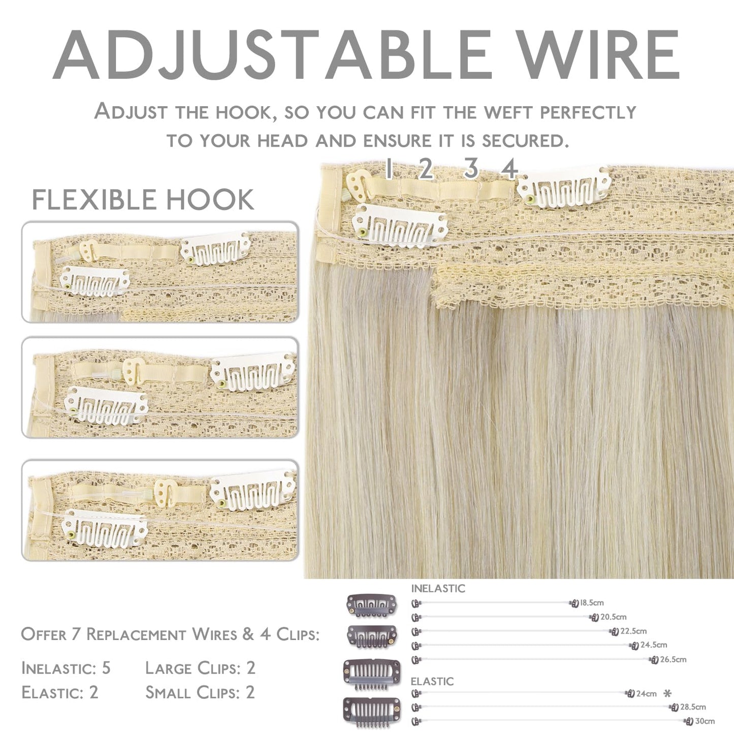 WENNALIFE Wire Hair Extensions (Increase 50% Lifespan) Real Human Hair 22 inch 120g Ash Blonde Highlighted Platinum Blonde Remy