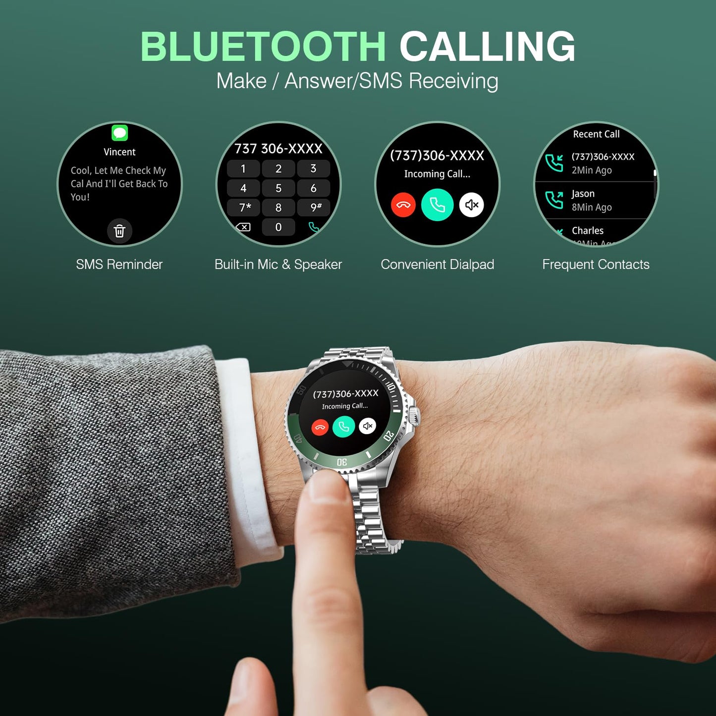 2025 DA GPT Smart Watch for Men, Heart Rate, Blood Pressure, Blood Oxygen, Sleep Monitor, 107 Sports Modes, 1.19-inch AMOLED Display, Waterproof Round Watch, Compatible Android iOS Silver Green
