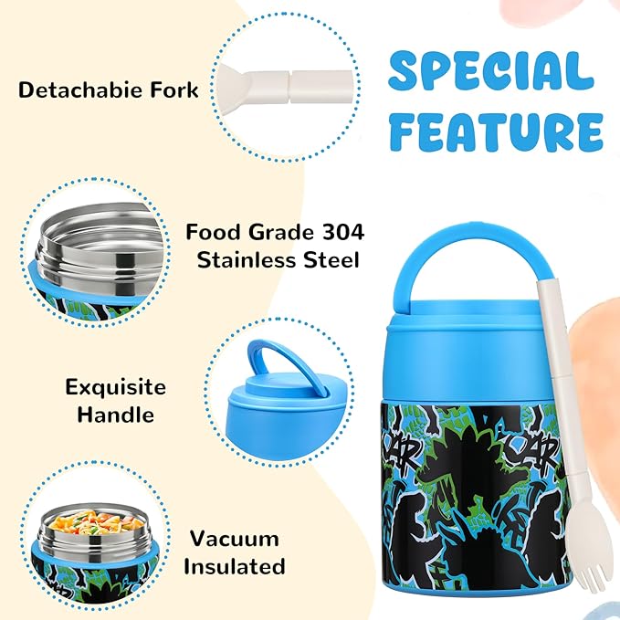 10oz Soup Thermo for Hot Food Kids Insulated Food Jar Container with Spoon Width Mouth Stainless Steel Leak Proof Thermo Lunch Box for School Travel