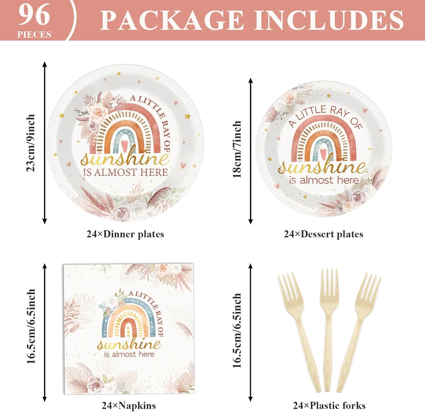 96 Pcs Boho Rainbow Party Decorations Floral Boho Tableware Set Boho Rainbow Birthday Plates Napkins Forks for Girl Boy Baby Shower Ray of Sunshine Birthday Dinnerware Party Supplies 24 Guests