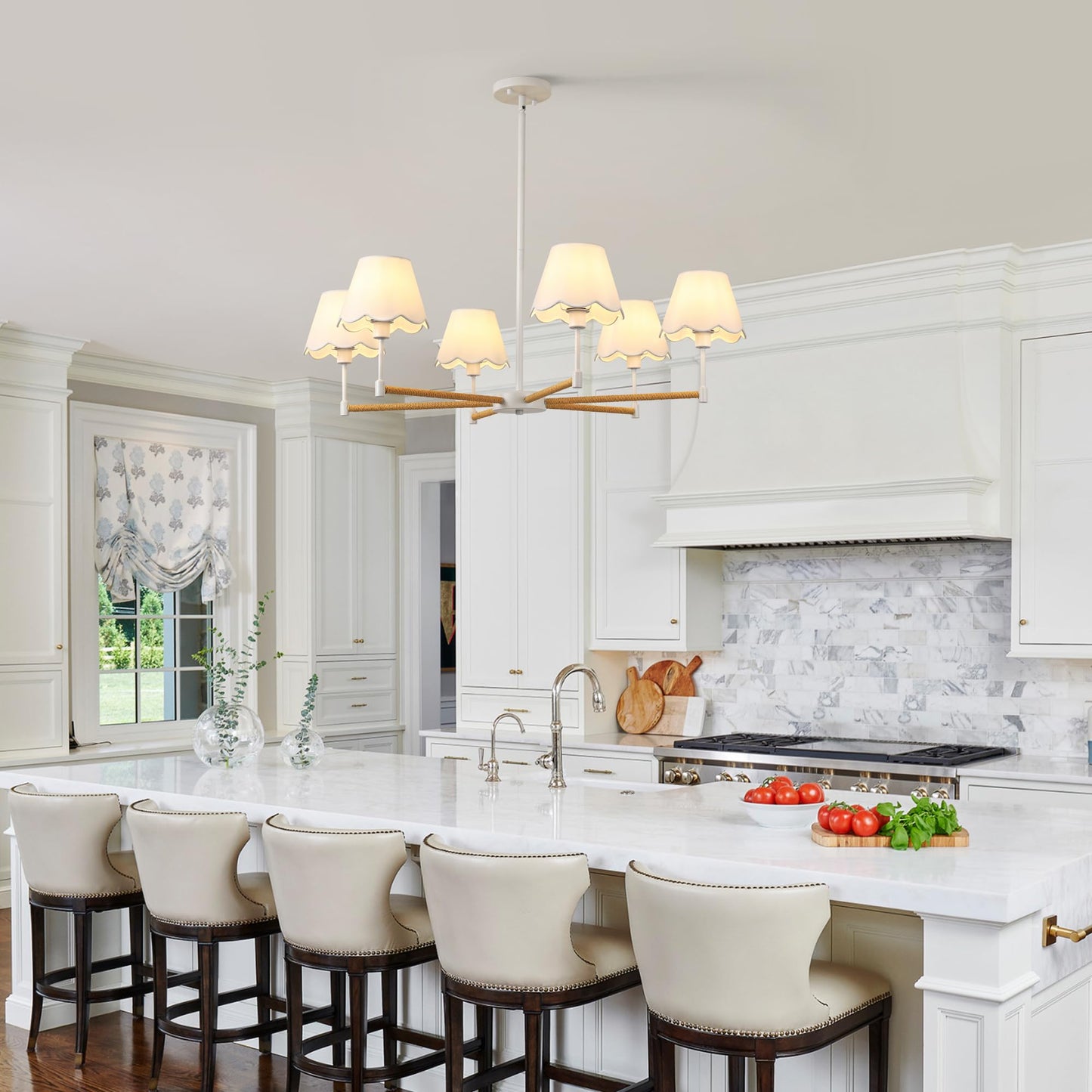Farmhouse Rattan Chandelier With White Fabric Shade  6-Light Boho Chandeliers For Dining Room  Adjustable Rustic Pendant Light 37.5 Modern White Hanging Lighting For Kitchen Island  Living Room