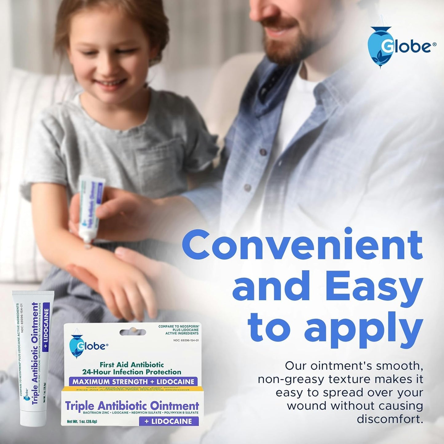 Globe (2 Pack) First Aid Antibiotic Ointment + Lidocaine (1 Oz) Maximum Strength & Fast-Acting Topical Pain Reliever, 24-Hour Infection Protection That Numbs Away The Pain, Bacitracin Zinc., White