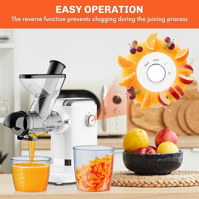 GVODE Cold Press Juicer, Powerful Masticating Juicer with Dual Feed Chute, Electric Juicer with Pulp Separation, Countertop Juicer Machines, 75dB, 3 Mode Operations, Overheat Protection