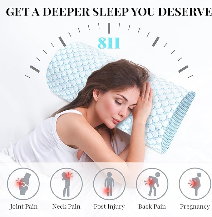 Knee Pillow for Side Sleepers Memory Foam Leg Pillows for Sleeping Yoga Bed Half Moon Bolster Pillow for Neck Pain Relief with Pillowcase 20.5x8x4.5 Inches(Cooling Blue, Standard Size)