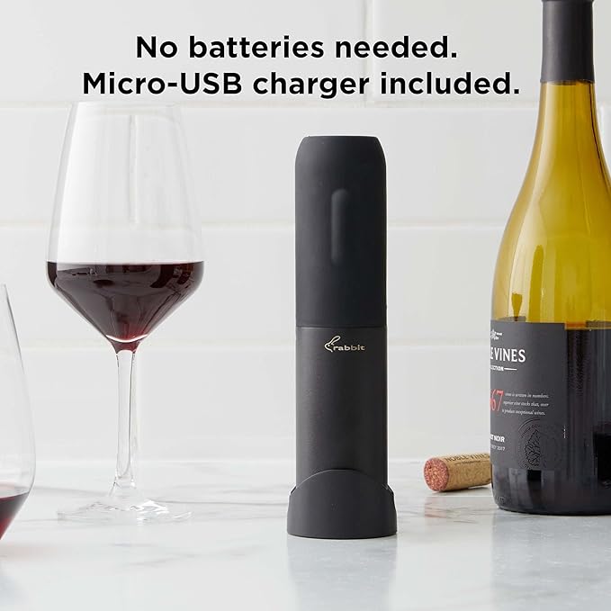Rabbit Compact Electric Corkscrew Wine Bottle Opener | Cordless and Portable Design | Effortless One-Touch Operation | Black, 10.75 Inch