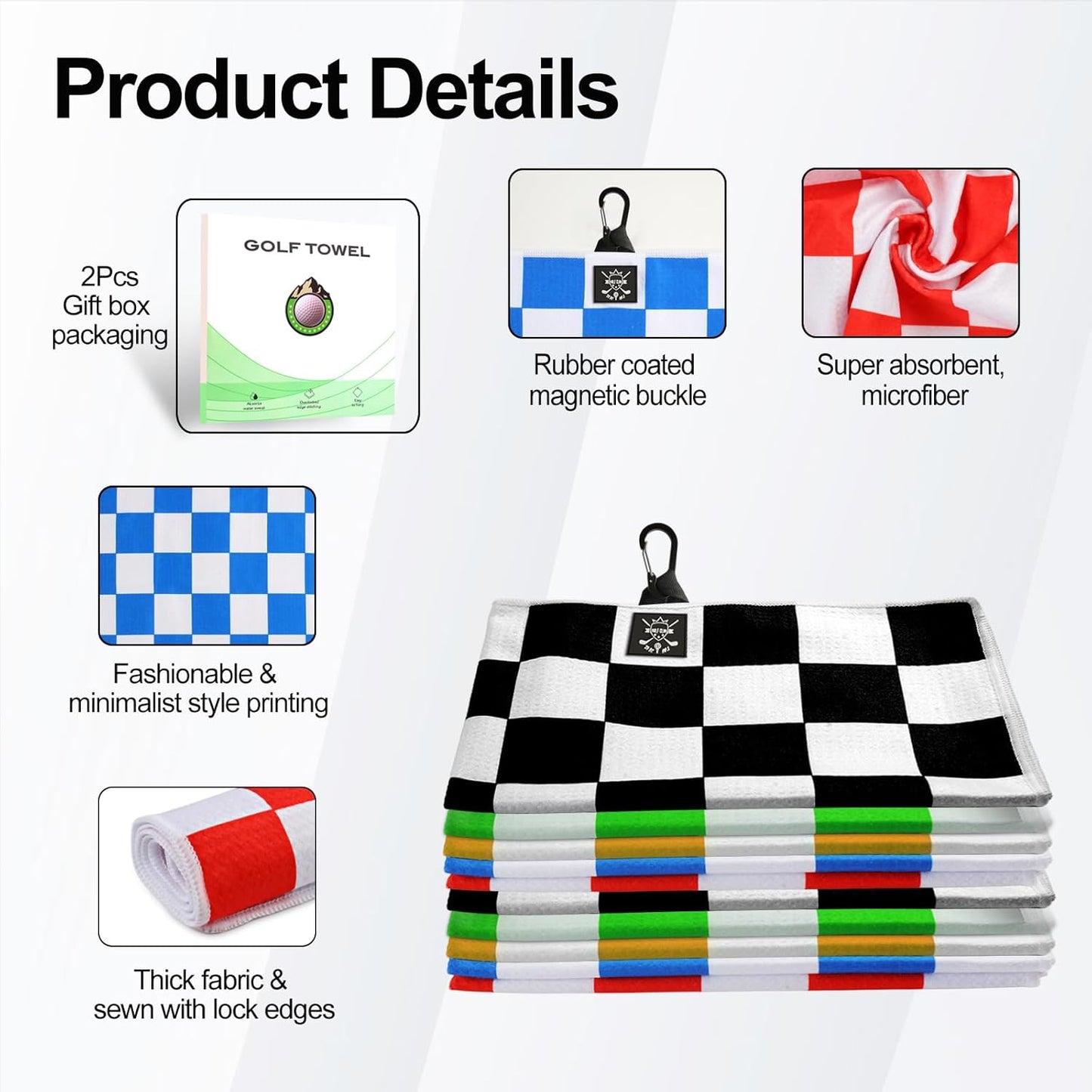 2 Pack 24"x16" Magnetic Golf Towels - Premium Waffle Pattern, with Magnet & Carabiner Clip for Golf Bags, Carts & Clubs. Essential for Men & Women Golfers - Black/Black