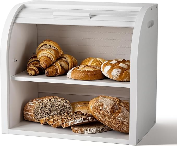 G.a HOMEFAVOR Bread Box: Large 2-Tier Bamboo Roll Top Bread Storage Container for Kitchen Counter, Bread Holder Food Bin for Countertop, Self-Assembly, White