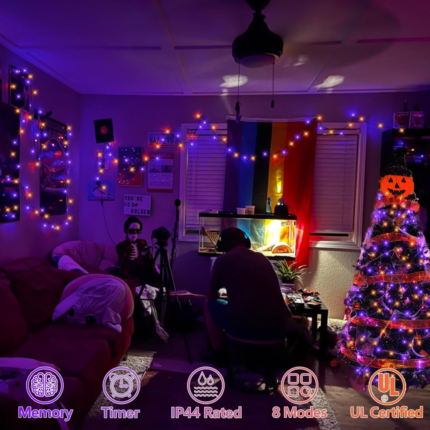 Yeguo 66Ft 200 Led Orange And Purple Halloween Lights Outdoor Waterproof  Green Wire Christmas String Lights Indoor  8 Modes Twinkle Tree Lights Plug In With Timer Memory