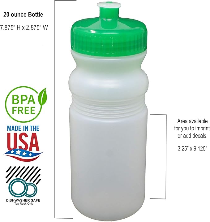 Rolling Sands 20 Ounce Sports Water Bottles 6 Pack, BPA-Free, Made In USA, Dishwasher Safe, Clear Frost Bottles/Green Lids