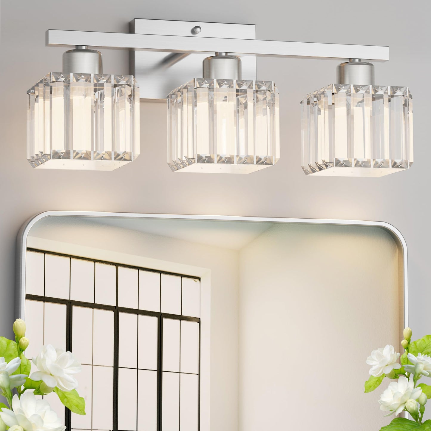 Golspark 3 Light Crystal Bathroom Vanity Light Fixtures Over Mirror  Brushed Nickel Modern Vanity Lighting Fixtures  Wall Sconce Bath Wall Light  E26 Base Square Crystal Shades (Exclude Bulb)