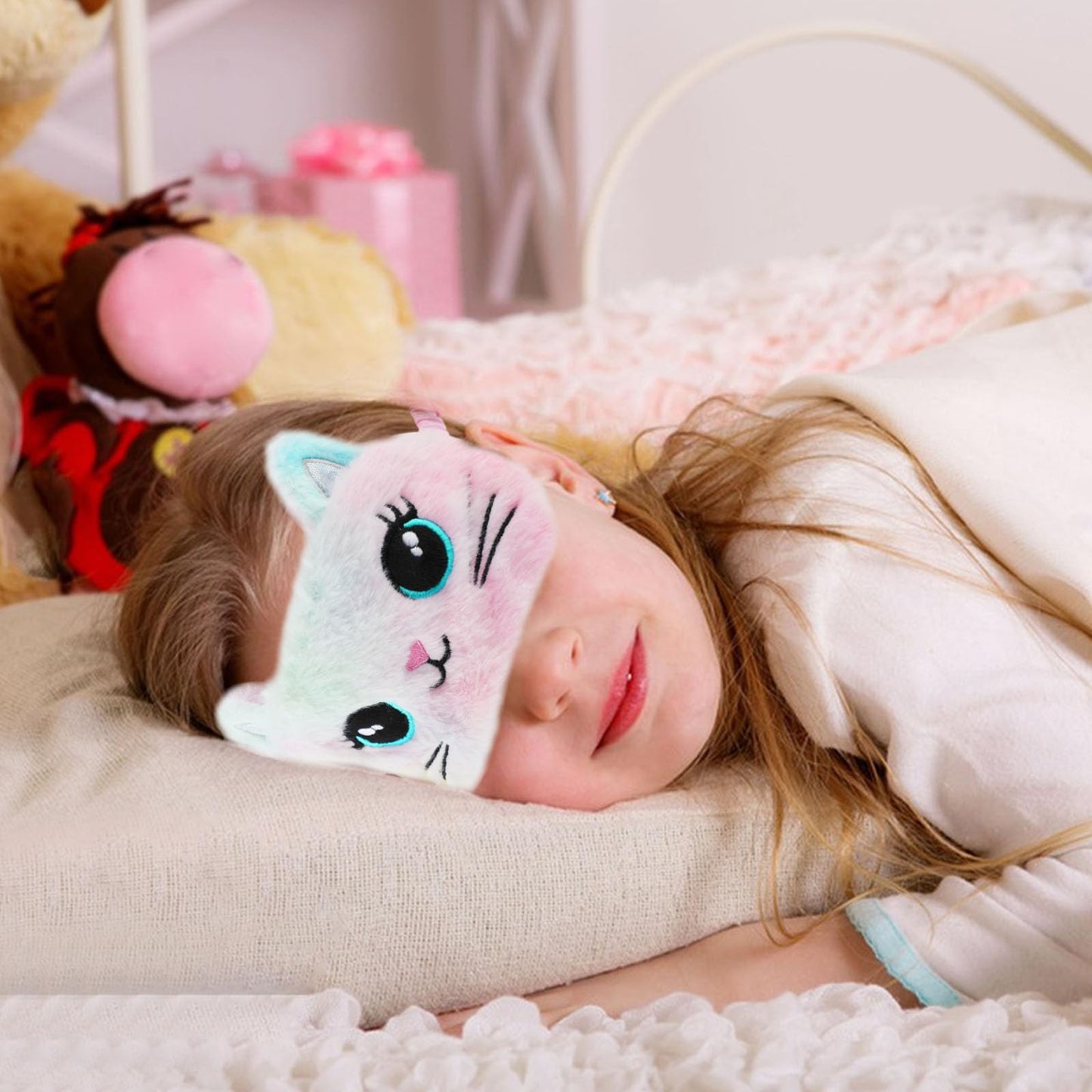 2 Pcs Plush Eye Mask Soft Sleeping Blindfold Eye Cover Comfortable Cute Animal Sleeping Mask Satin Nap Night Eyeshade Cover for Women Men Gift (Colorful, Cat Style)