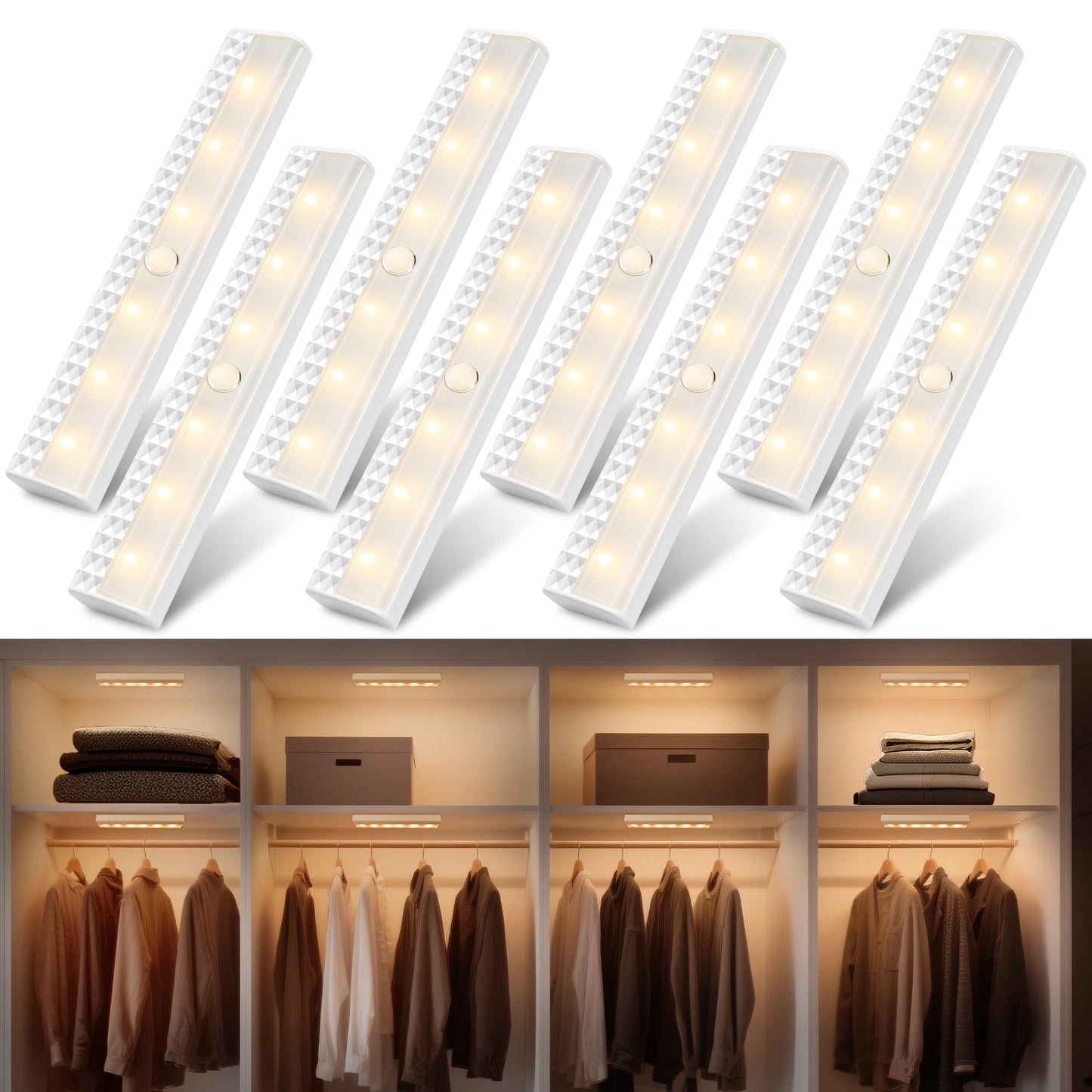 Maylit 8 Pack Motion Sensor Light Indoor  Battery Operated Lights  Wireless Magnetic Night Led Bar  Stick On Lighting For Closet  Stair  Shelf  Hallway  Bed  Pantry  Under Cabinet  3000K Warm White