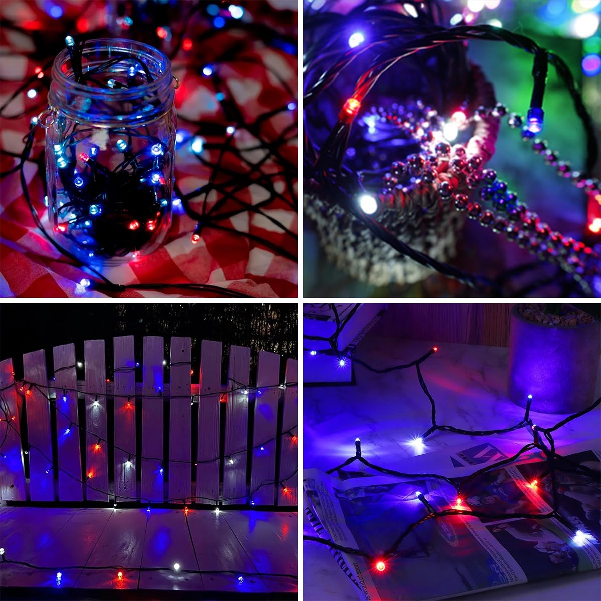 kemooie 500 LED Outdoor String Lights, Waterproof, 8 Modes, Red White Blue, Model HB-500COI