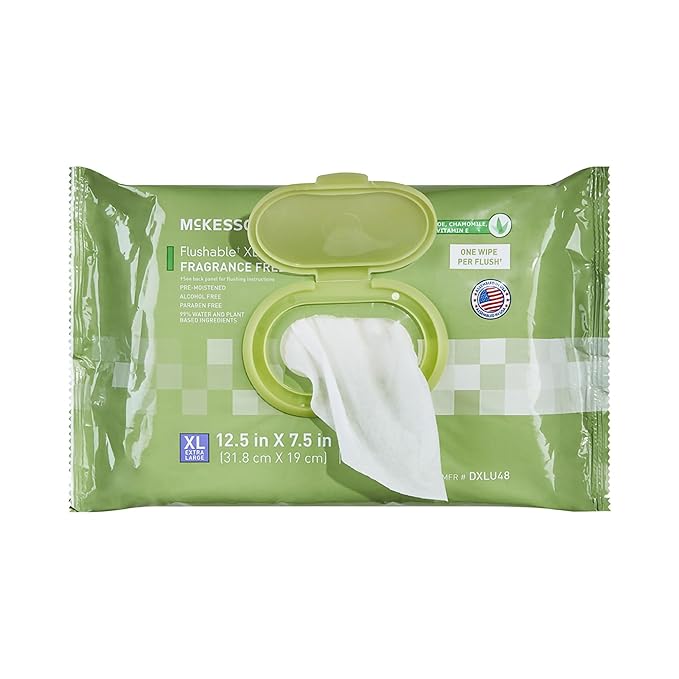 McKesson Flushable* Adult Wet Wipes XL – 48 Wipes (1 Pack of 48) – Aloe & Vitamin E, Plant-Based Cleansing Wipes, Unscented, Extra Large
