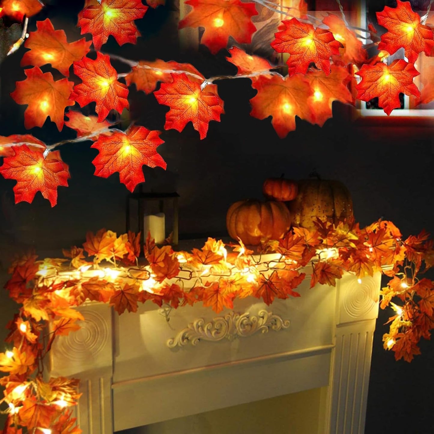 TURNMEON Thanksgiving Decorations 2 Pack Fabric Cloth Maple Leaf Garlands 20Ft 40LED White Waterproof Indoor Outdoor