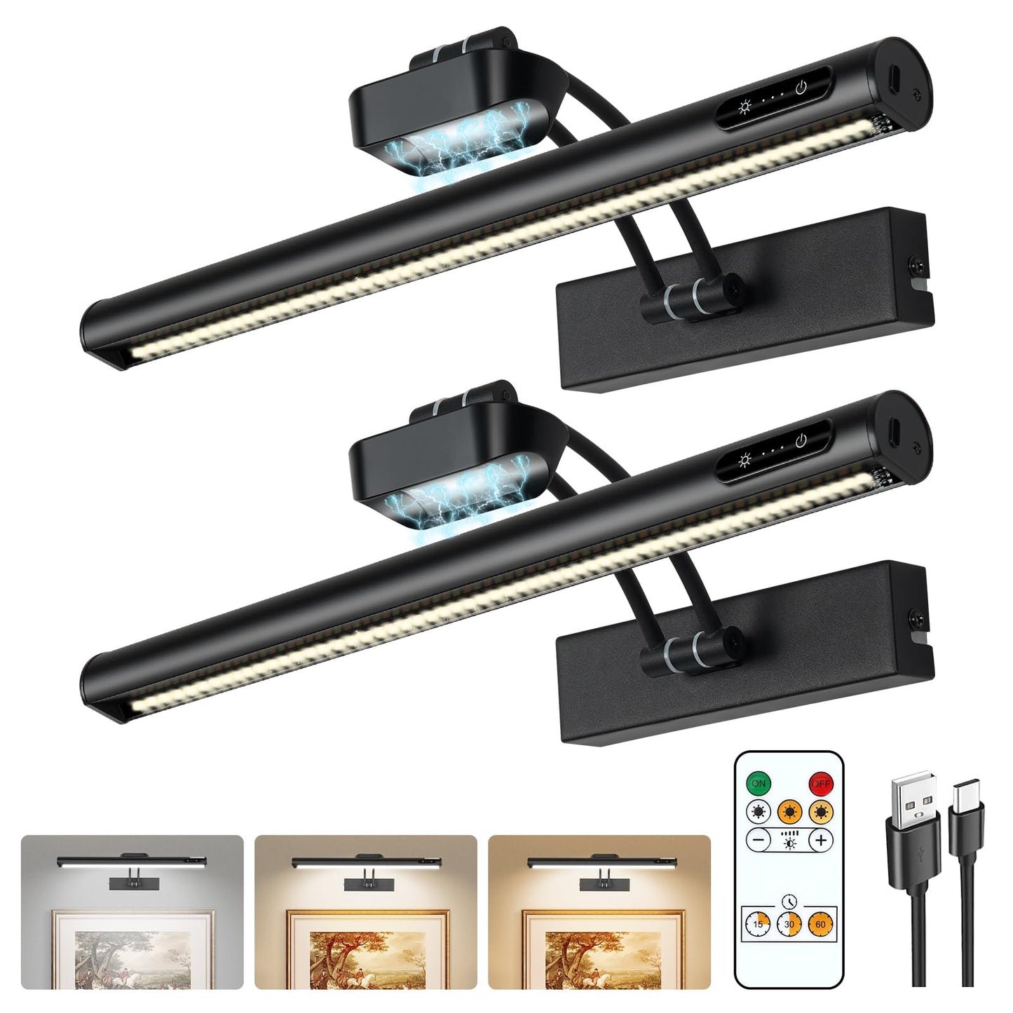 Magnetic Cordless Picture Light with Remote/Touch Control & Timer, 3CCT Dimmable, Angle Adjustable 16in Metal Wall Lights with 5000mAh Battery for Artwork, Painting, Portrait,Gallery,Photo,Black 2Pack
