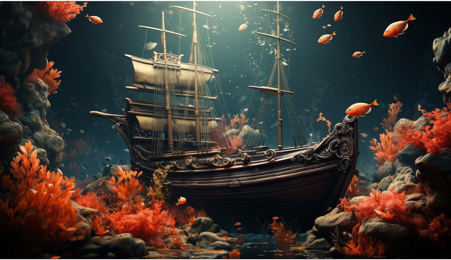 Pirate Shipwreck Aquarium Background Under The Sea Coral Reefs Fish Tank Background Underwater Sunken Ship Landscape Terrarium Background Tropical Sea Marine Life Aquarium Tank Background 36x24in