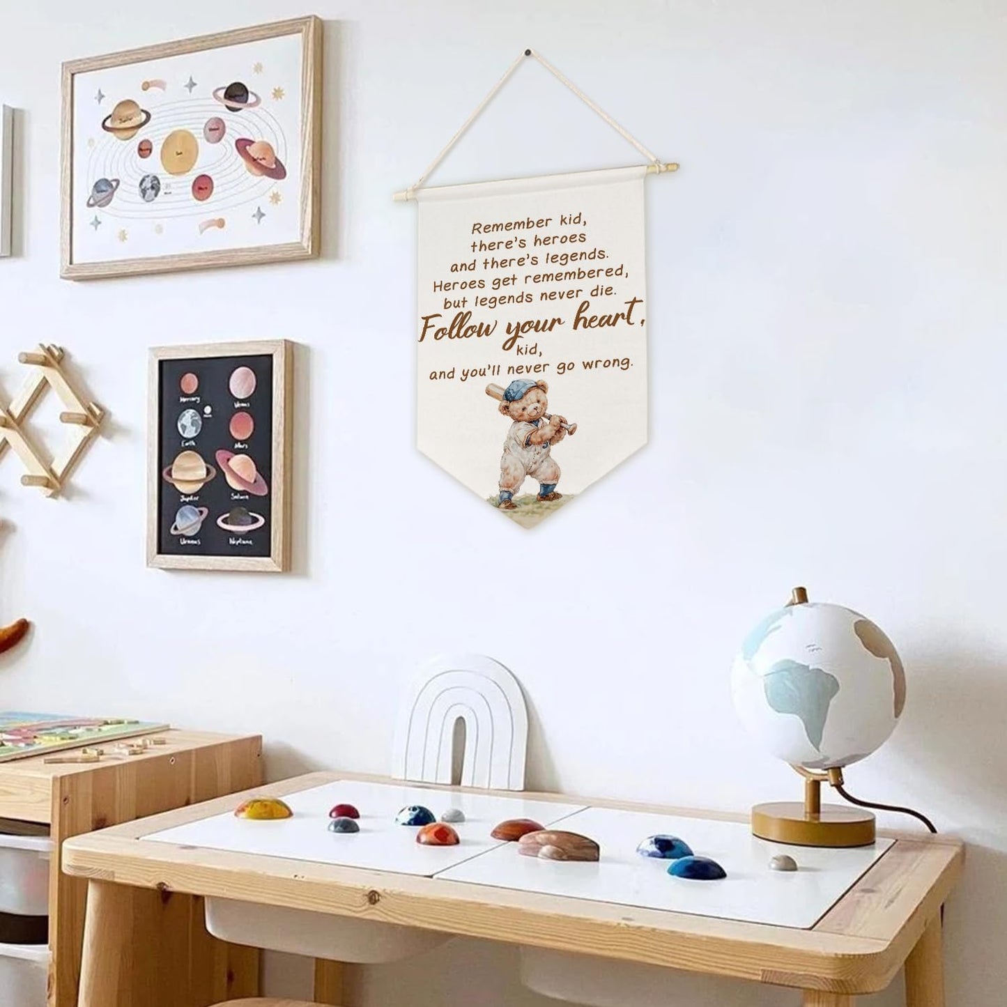 ArtisaEura Bear Nursery Inspirational Wall Canvas Banners, Baseball Bear Nursery Decor, Positive Affirmations Hanging Display Pennant Banner Flags, Baseball Wall Decor for Kids Room Bedroom Playroom