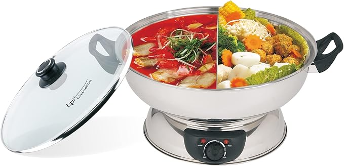 Electric Dual Sided Shabu Shabu Divider Hot Pot with Burner and Glass Lid, 5.0L, Stainless Steel with Multi Control