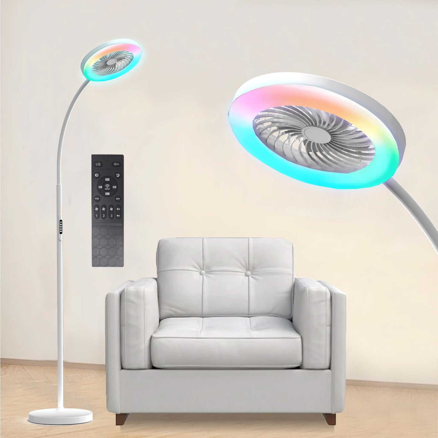 ONIDEK Floor Lamp with Fan, RGB 12W/1000lm, Stepless 3000K-6000K, Remote Control, Gooseneck, White-2, Model