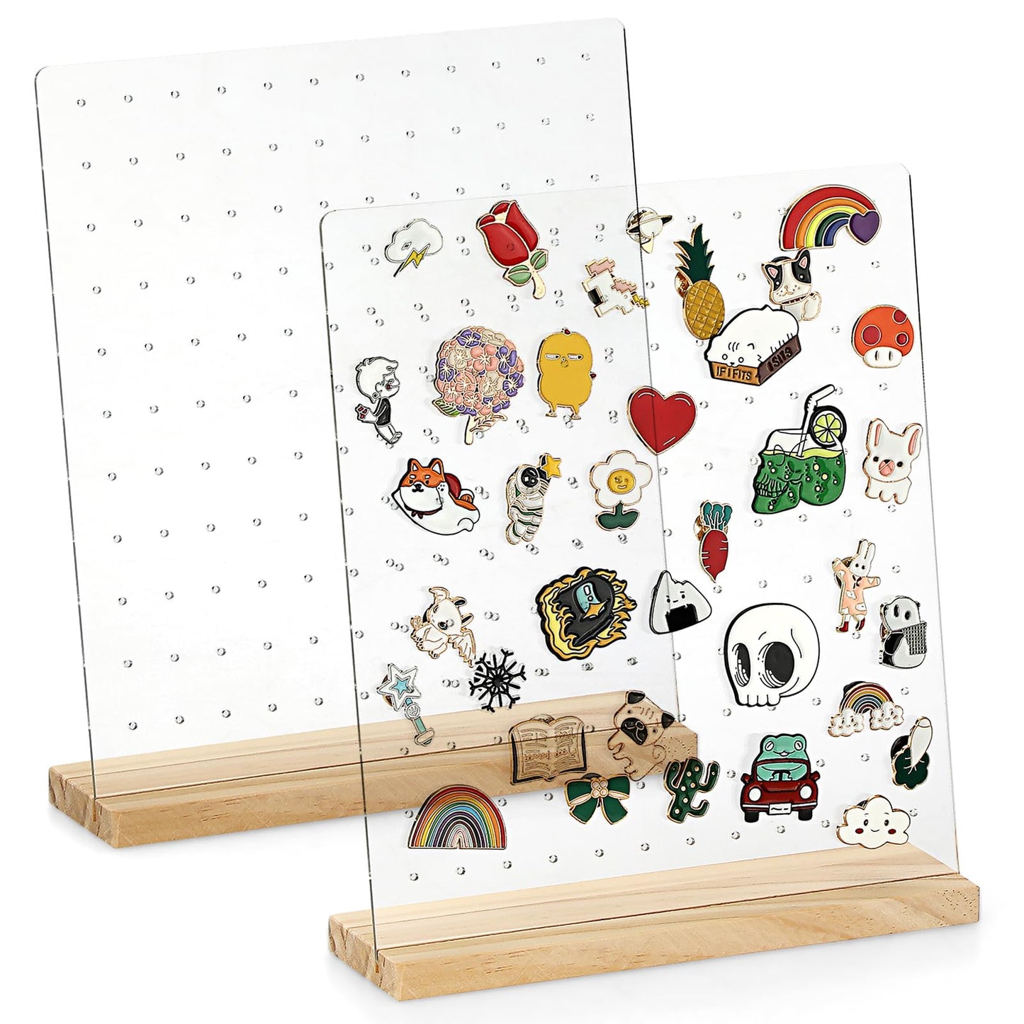 JUXYES Pack of 2 Clear Acrylic Enamel Pin Display Stand with Wooden Base. Tabletop Pin Organizer Display Storage Stand. Hold Up