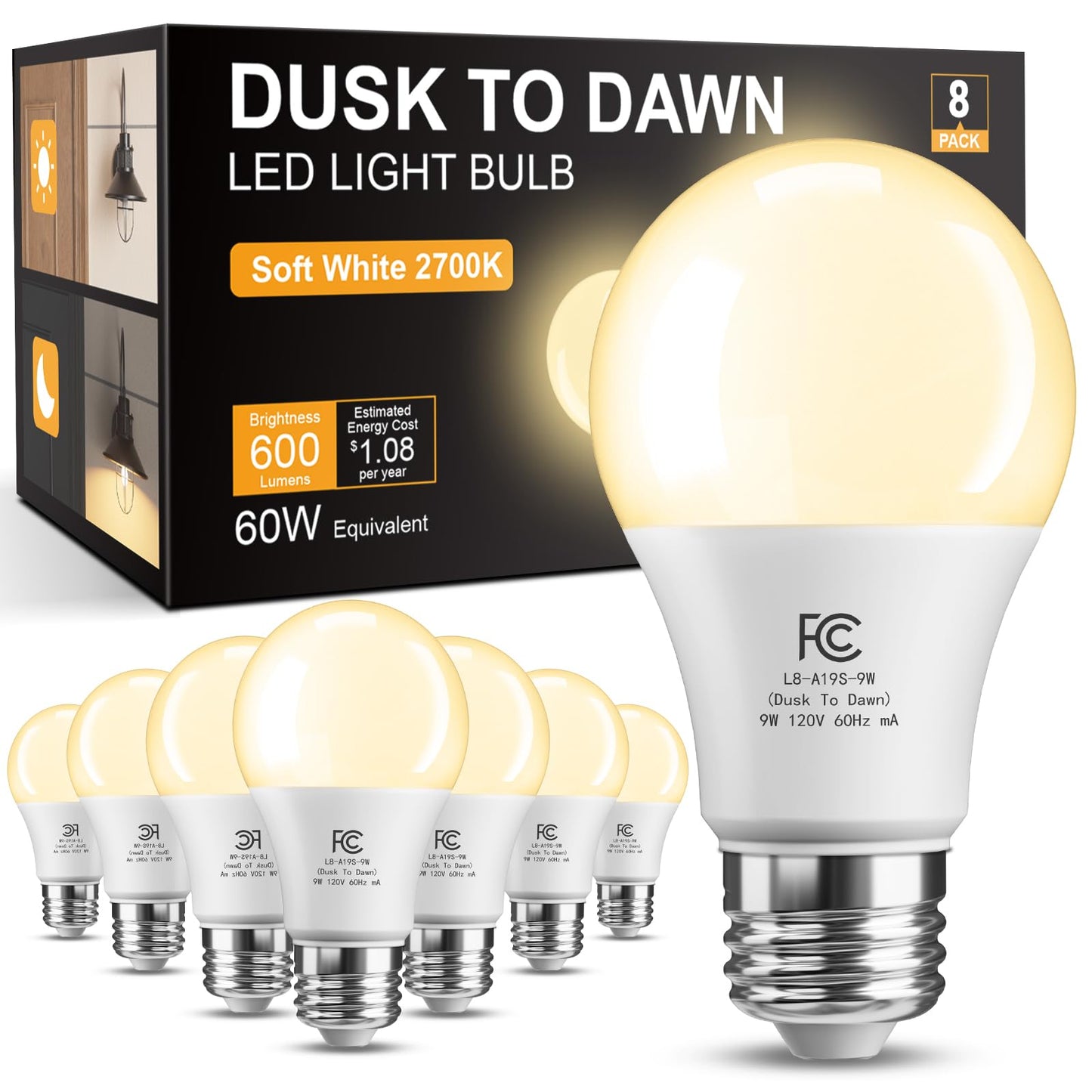 TJOY Dusk to Dawn Light Bulbs, 8 Pack, LED Photocell Bulb, 9W Energy Efficient, Soft White 2700K, E26 Base, Model QASN