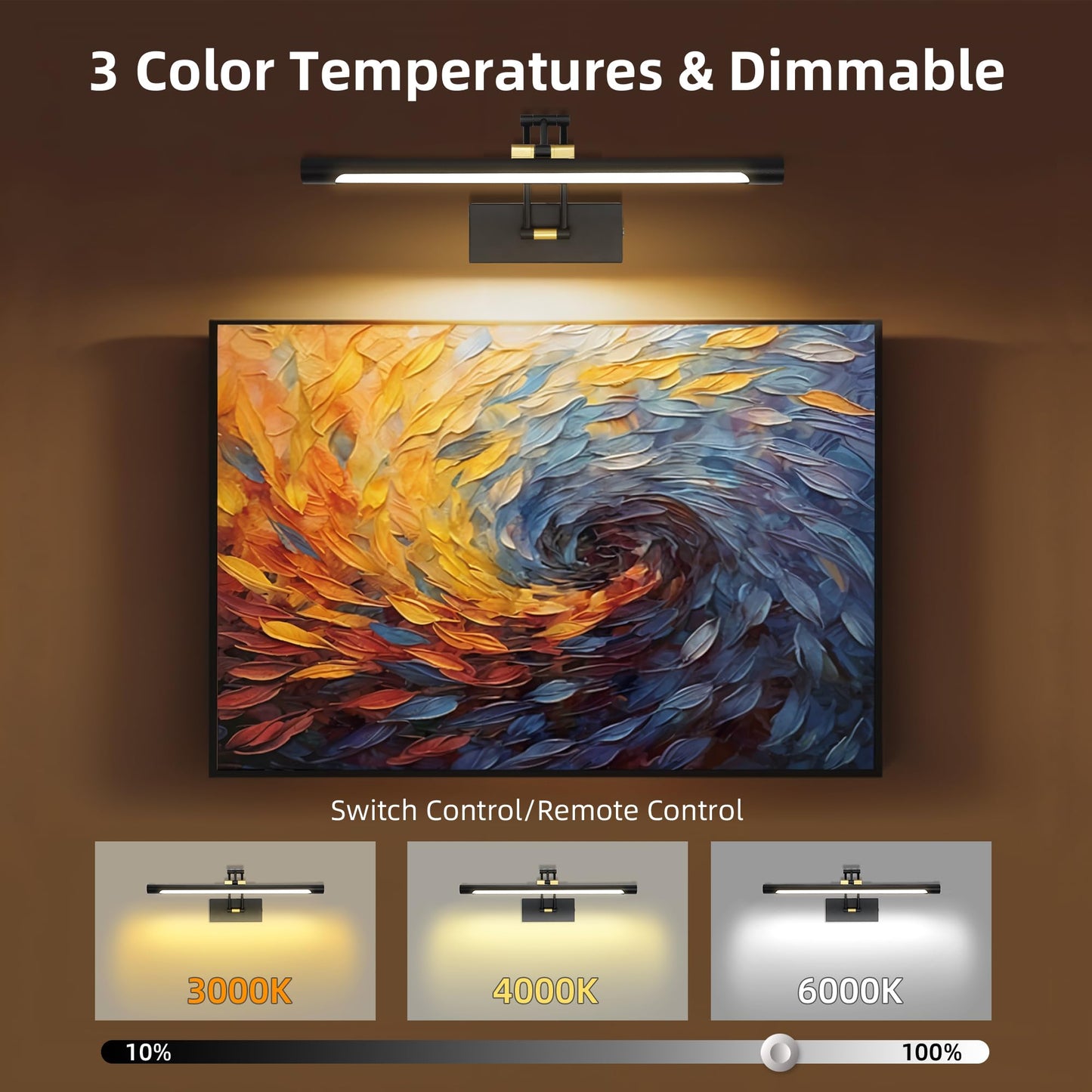 Neymlya 16in Wireless Picture Light, Remote Dimmable, Battery Operated, Metal, Black Gold, Model 16IN-BB02