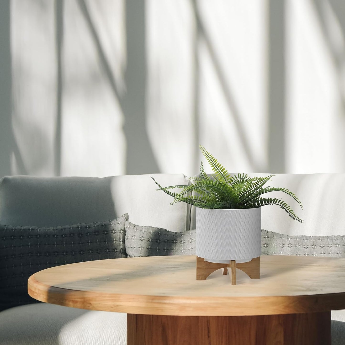 Sagebrook Home Ceramic Planter with Stand - Textured Stoneware Indoor & Outdoor Plant Holder - Modern Garden Decor for Home - 10" White