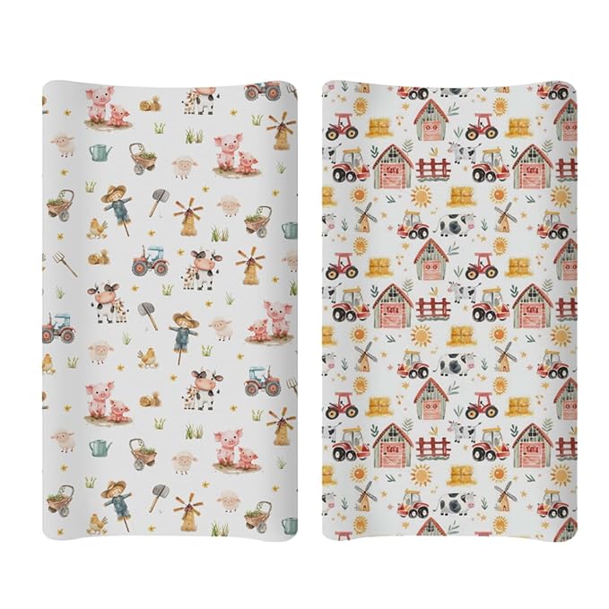 Soft 2 Pack Farm Animal Cow Sheep Pigs Tractor Pattern Baby Changing Pad Covers for Infant Newborn, Unisex Farm Nursery Fitted Diaper Changing Table Pad Mat Sheets for Boys Girls-16x32