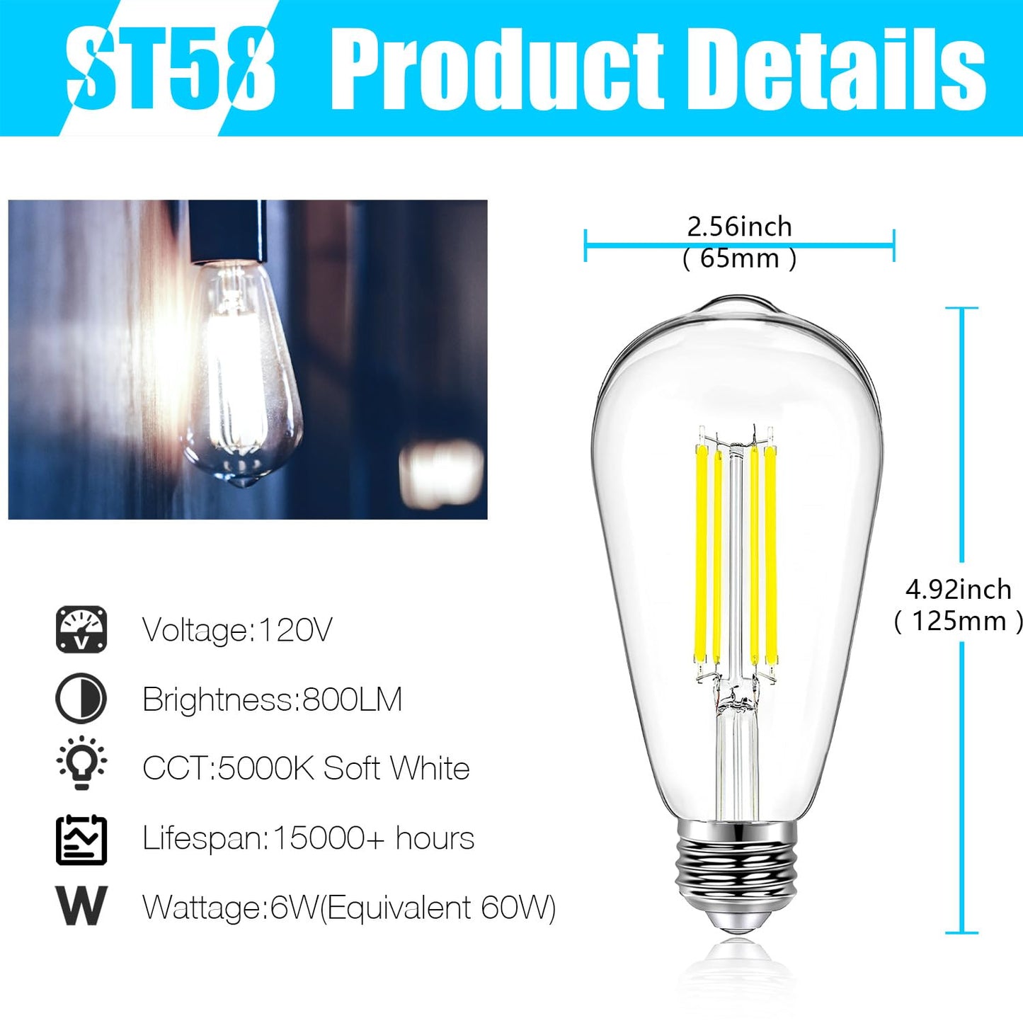 DAYBETTER Vintage LED Edison Bulbs, Dimmable 6W 800LM, Clear Glass, 6 Pack, Daylight White, Model QSND63 AUS-D1