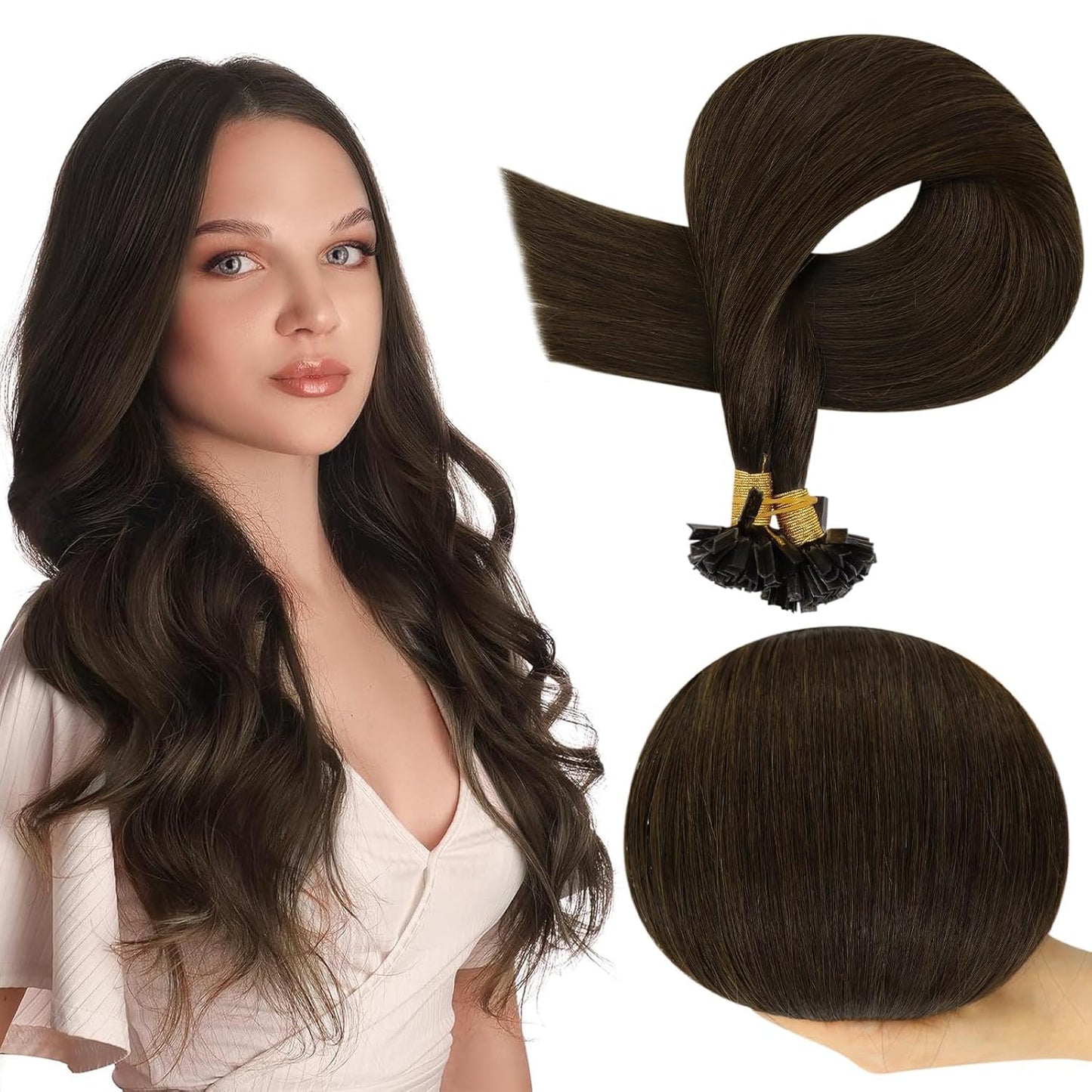 Full Shine Long Ktip Human Hair Extensions Color 2 Dark Brown K Tip Hair Extensions Human Hair 24 Inch Keratin Bond Extensions 5
