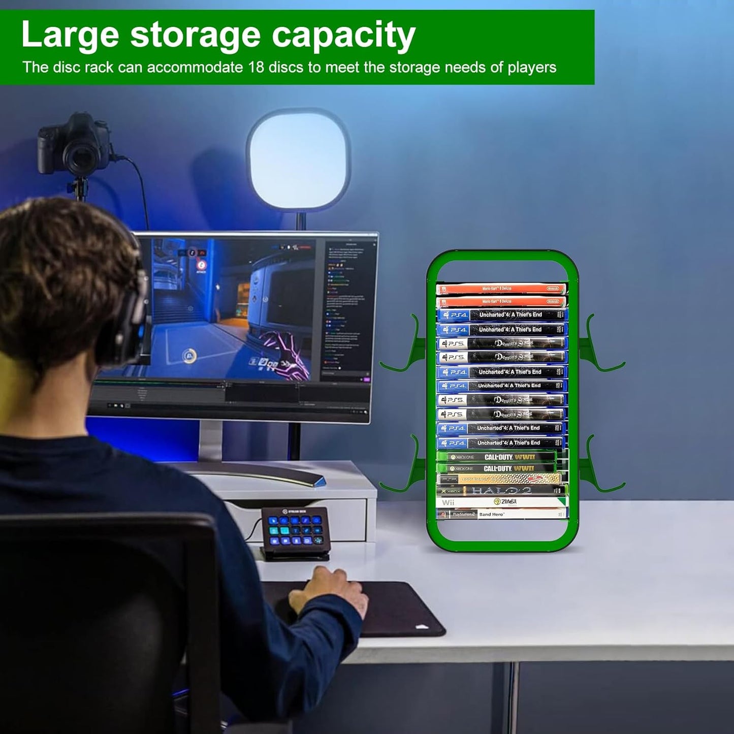 wigmoa OYO-1【15.8INCH】 game Storage Tower Compatible with PS5/ Xbox Series S & X/Switch, Universal Video Games Discs Organizers 18 PCS with 4 Controllers Holder, Game Disk Box Stand. (Black/Green)