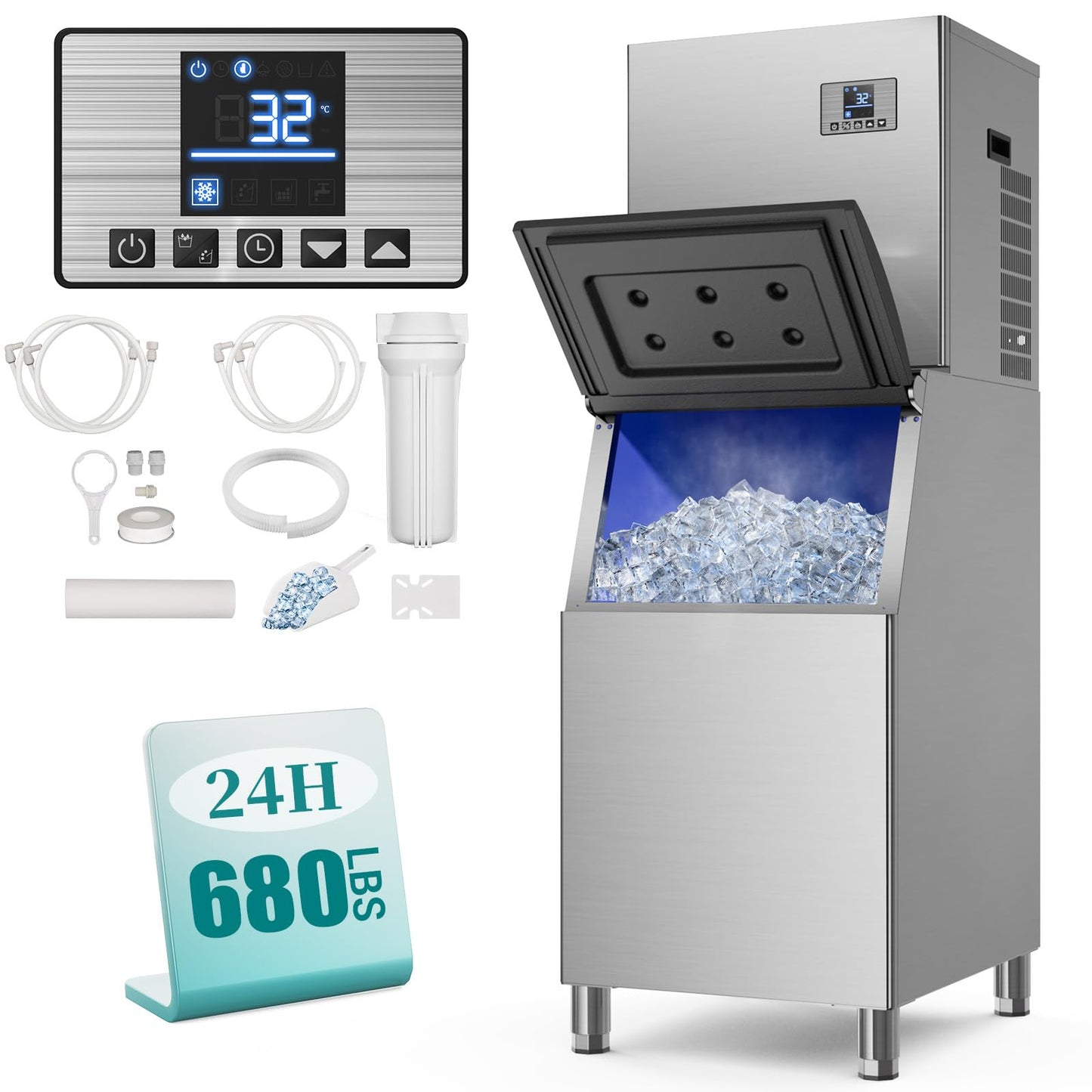 680LBS/24h Commercial Ice Maker Machine with 560 LBS Storage Bin, Ice Ready in 8-15 Min, ETL Approval Self Cleaning Stainless Steel Industrial Ice Machine for Bar Restaurant Cafe