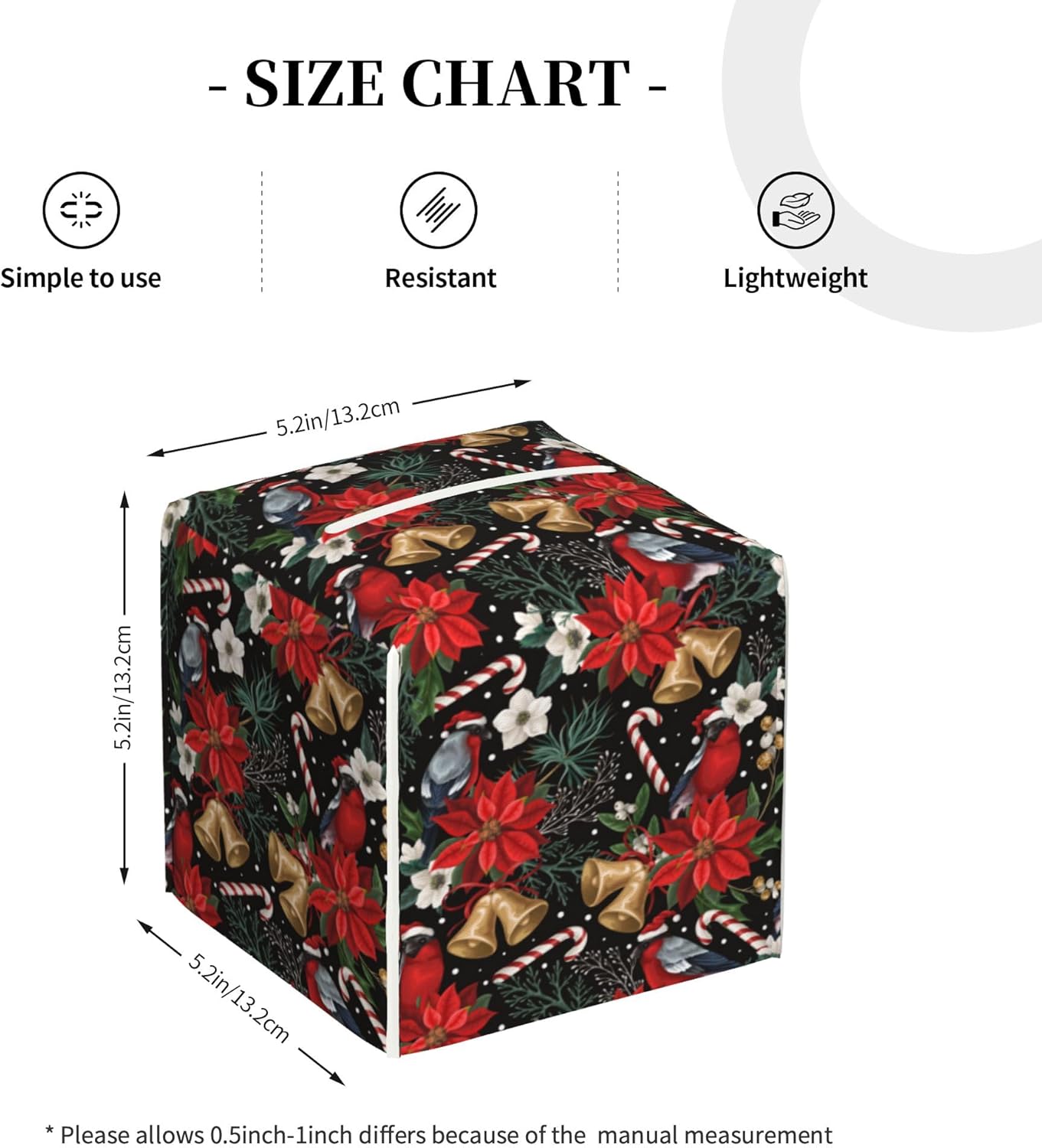 Christmas Poinsettia Flowers Tissue Box Cover Square,Xmas Bells Candy Cane Tissue Box Holder Waterproof Leather Facial Paper Organizer Dispenser for Bathroom Home Car Nightstand Vanity Desk