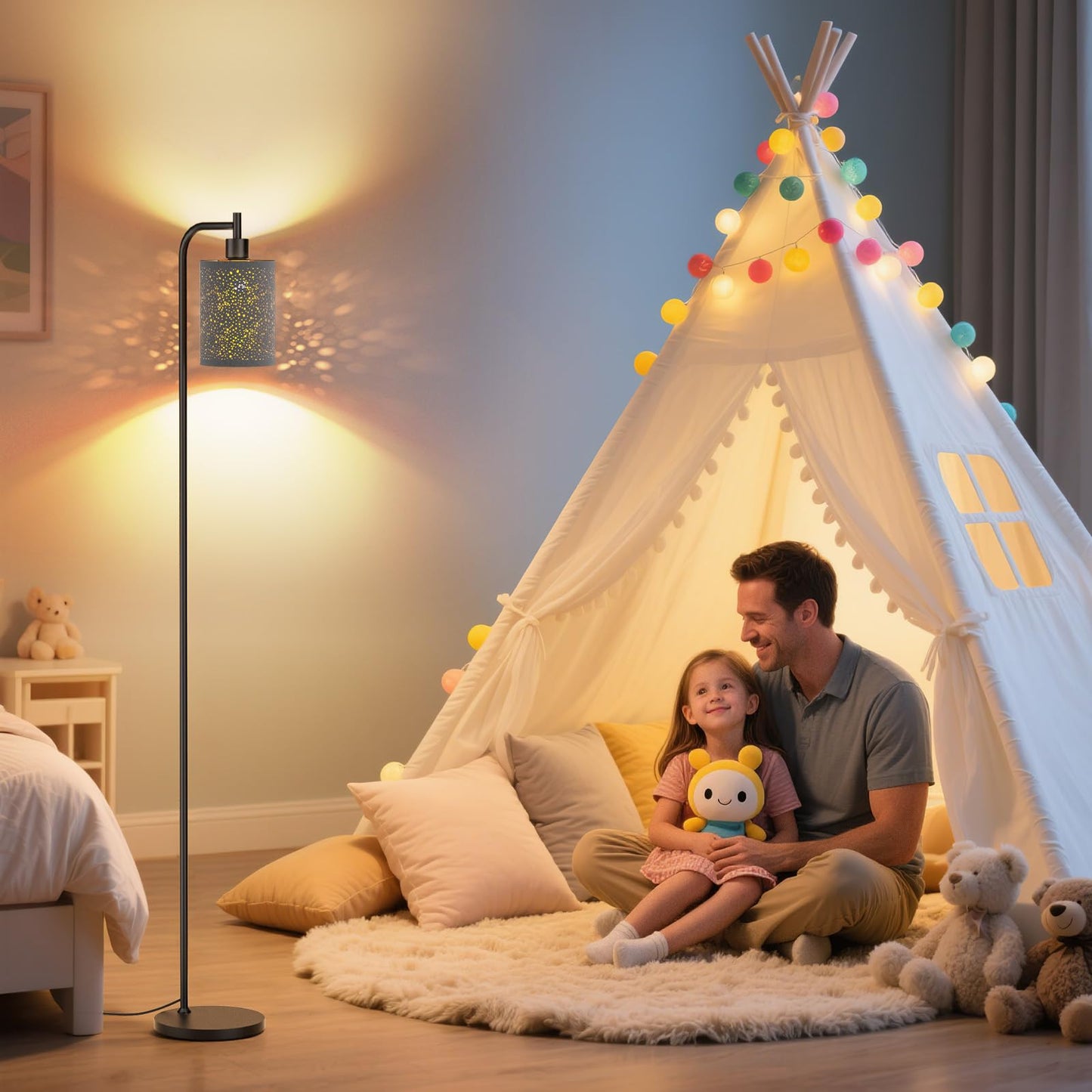 SIBRILLE Floor Lamp - Dimmable with Remote Control, 3 Color Temperatures, Metal, Starry Sky, Model BP-F072, 9W LED Bulb Included